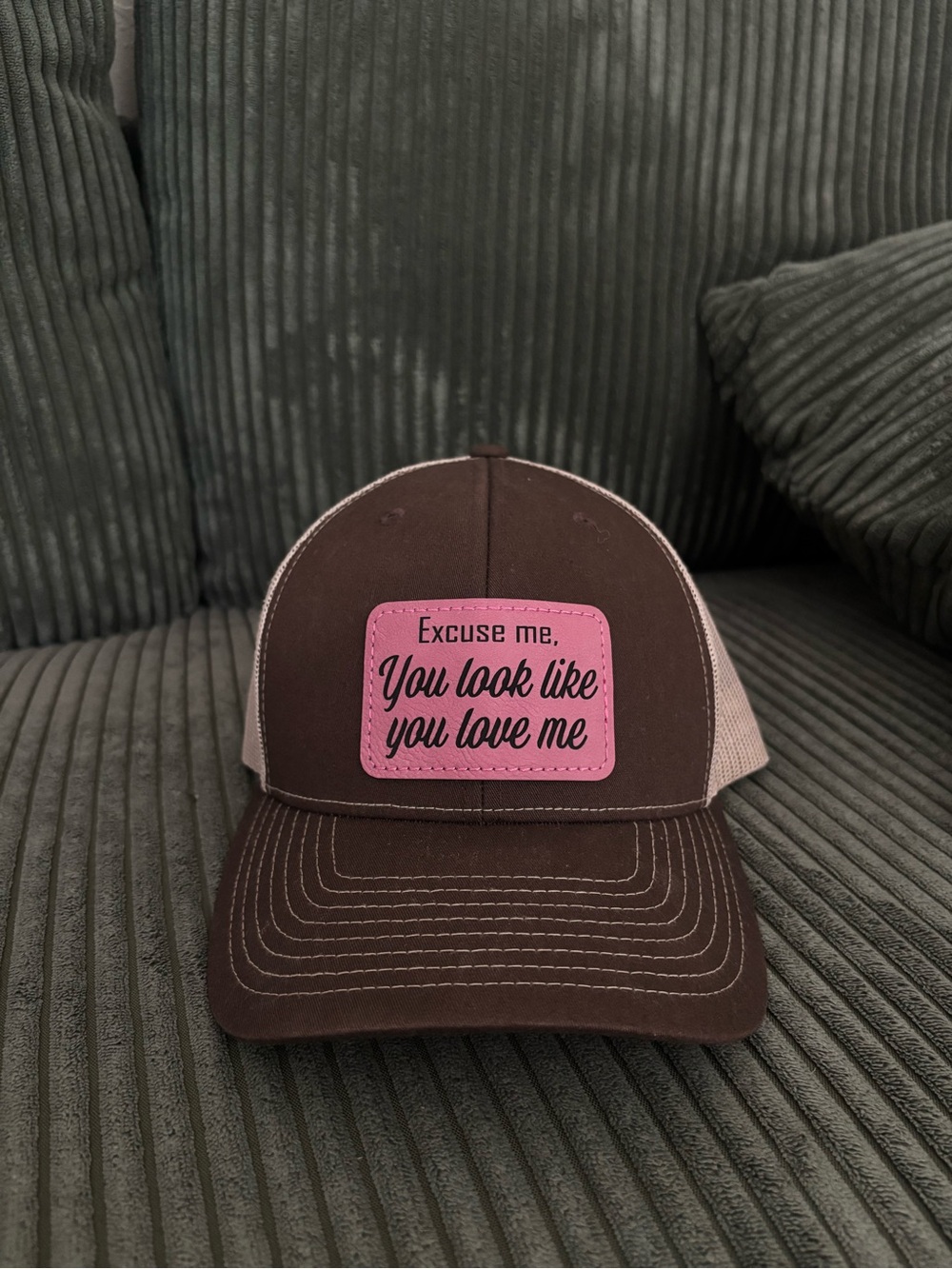 Women's Brown Trucker Hat with Pink Patch - Excuse Me